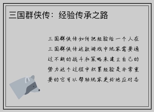 三国群侠传：经验传承之路